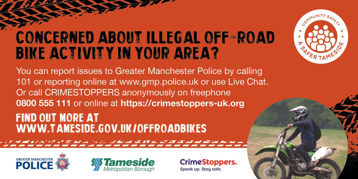 TamesideCouncil's tweet photo. Summer nights can bring an increase in off road bike nuisance🚲

🚨You can report concerns about illegal off road biking to the police by calling 101 or online at https://t.co/guy1Cfaps4 or by calling Crimestoppers free on 0800 555 111.

More info https://t.co/b81f2i3SJA
#ASBAW23 https://t.co/diN4945GTZ