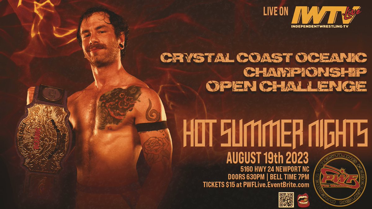PWFLive's tweet photo. **MATCH ANNOUNCEMENT**
Newly crowned Crystal Coast Oceanic Champion Colby Corino will be issues an open challenge for his title!
Tickets to PWF Presents: Hot Summer Nights are on sale NOW!
#PWFSummerNights https://t.co/tPZhYEUJ7d