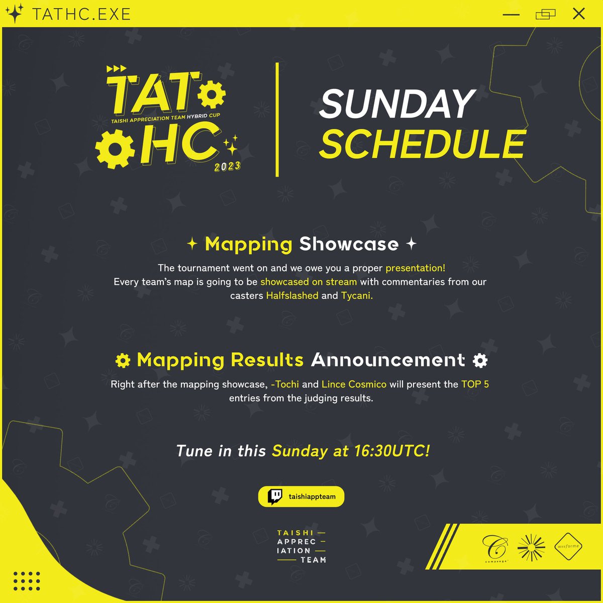 A call for all mappers!

Please join us tomorrow at 16:30 UTC for a showcase of all the maps created by our contestants!

Join us at twitch.tv/taishiappteam