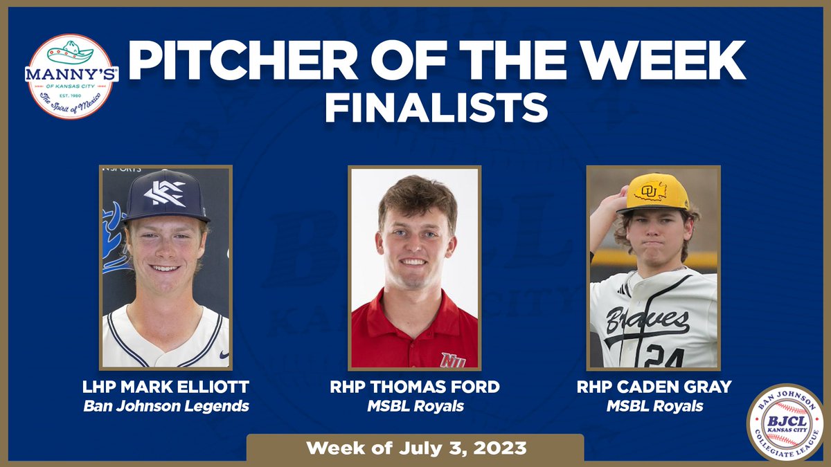 Congrats to our Manny's Pitcher of the Week finalists! #BJCL ☑️ @mark3lliott (@KCKbaseball) - Ban Johnson Legends ☑️ @Tford0 (@NewmanJetsBSB) - MSBL Royals ☑️ @CadenGray24 (@Ottawa_Baseball) - MSBL Royals Look for our winner on Sunday...