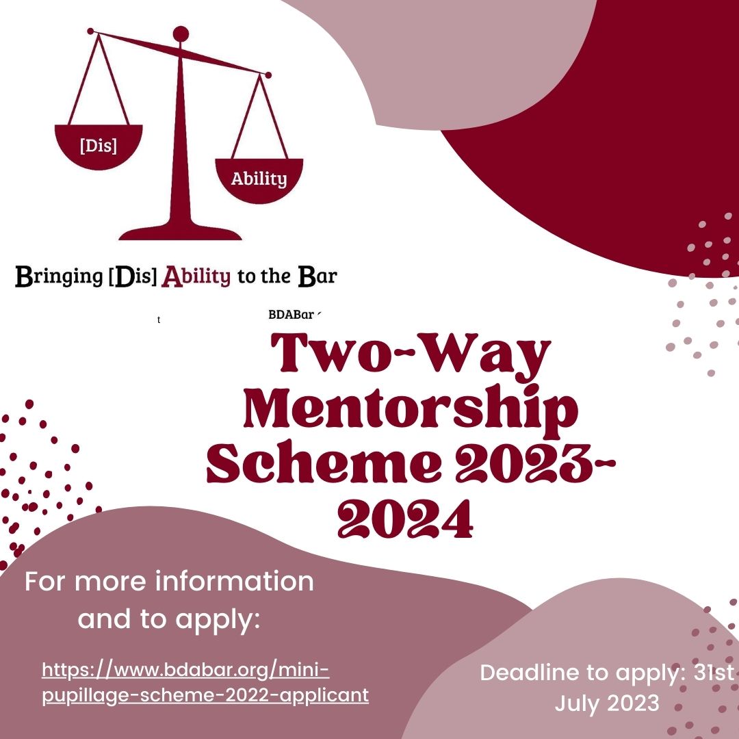 Are you a disabled aspiring barrister who wants  support? Are you a barrister interested in making the Bar inclusive? Join the BDABar Two-Way Mentorship Scheme 😊

Mentees' Form: lnkd.in/ekW_Mwar

Mentors' Form: lnkd.in/eXtve6XV

Deadline to apply: 31st July 2023