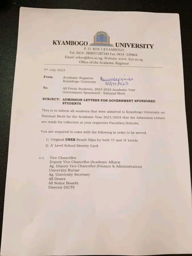 KyambogoGuild's tweet photo. Hello Everyone 👋
Admission lettes for Government sponsored(NATIONAL MERIT) students of coming August intake are ready and its the high time you started picking them at respective schools and faculties at @kyambogou https://t.co/xYF8wHr85M