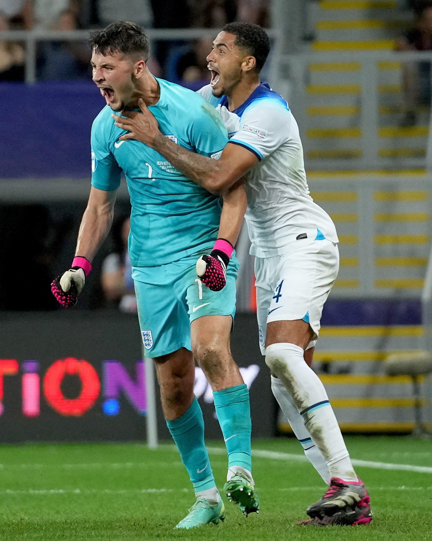 James Trafford and Levi Colwill celebrate