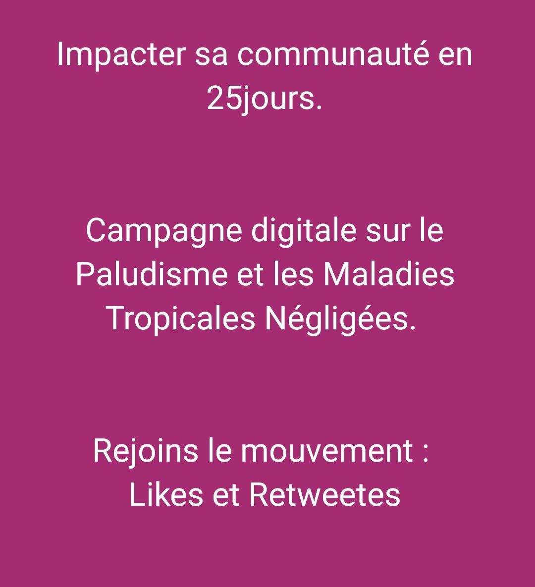 AngeMarieEsse's tweet photo. #Causesociale: Lutter contre le #Paludisme et les Maladies Tropicales Négligées #NTDs. 

Durant 25 jours, nous allons partager du contenu sur cette cause. Ton action, compte : Aimer, commenter et retweeter. 

#CombatslepaluetMTN
#impactetacommunautéen25jours
#TeamImpactOSE
#OLADE https://t.co/fsBGybwnby