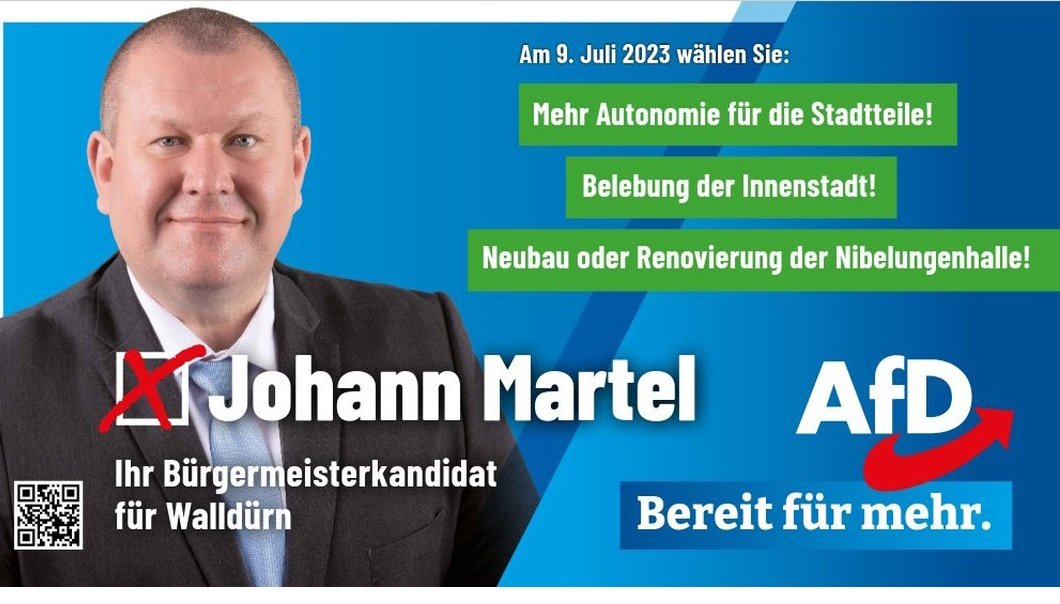 Die Bürger von #Walldürn haben morgen die Wahl u wer Veränderungen u einen Wandel in der Politik will, sollte #JohannMartel zum neuen Bürgermeister wählen. 
An dieser Stelle wünsche ich Johann Martel alles Gute für den morgigen Wahlausgang! #AfD #Bereitfürmehr #Buergermeisterwahl