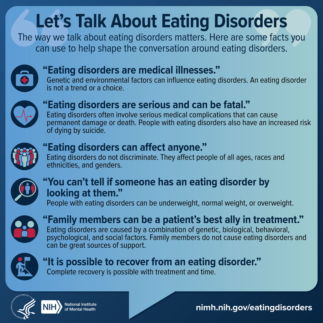 samhsagov's tweet photo. Eating disorders are serious medical illnesses, and the way we talk about them matters. Here are some facts you can use to help shape the conversation around eating disorders. https://t.co/7VCEGIjtdM #shareNIMH https://t.co/LDAuq7Zr2p