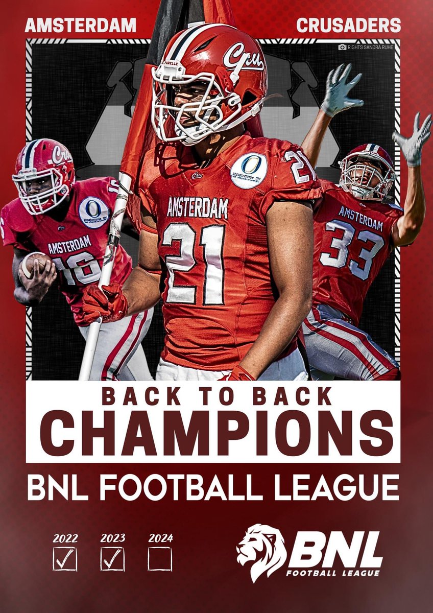 𝟮𝟬𝟮𝟯 𝗕𝗡𝗟 𝗙𝗢𝗢𝗧𝗕𝗔𝗟𝗟 𝗟𝗘𝗔𝗚𝗨𝗘 𝗖𝗛𝗔𝗠𝗣𝗜𝗢𝗡𝗦
For the second time in a row, the Amsterdam Crusaders have emerged as BNL Champs, defeating the Brussels Black Angels with a score of 17-7 in the BNL Bowl II. A huge thank you to the entire organization and the BNL.