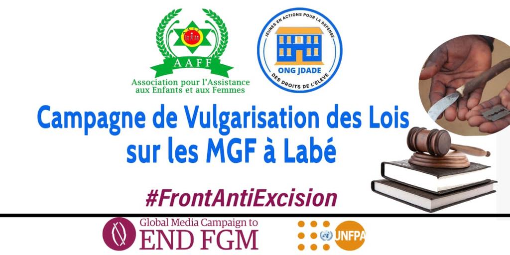 OngJdade's tweet photo. Dans le cadre de la lutte contre les MGF  l'@OngJdade en consortium avec L'Association pour l'Assistance aux Enfants et aux Femmes lance la campagne de vulgarisation des Lois sur les MGF avec l'appui de @EndFGM et @unfpa_guinee pour  trois (3) Mois. 
#FrontAntiExcision 
#StopMGF https://t.co/6cDciZj7Nx