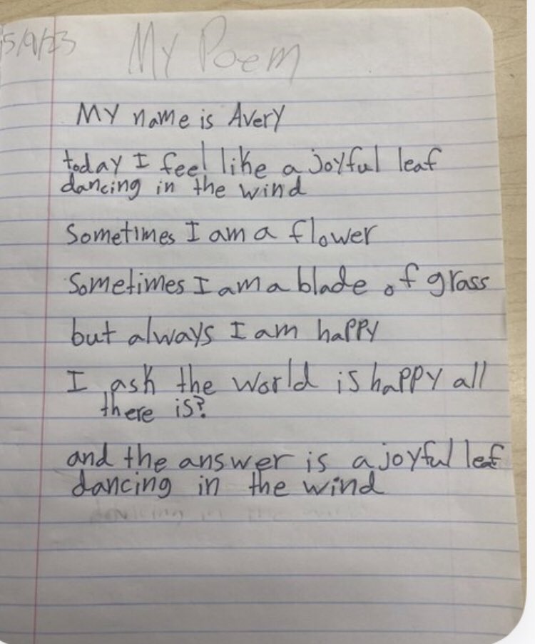 Joseph_Fasano_'s tweet photo. "I ask the world, 'Is happy all there is?'"

This third grader wrote something beautiful using one of my poetry prompts: https://t.co/lZM5V9TDq1