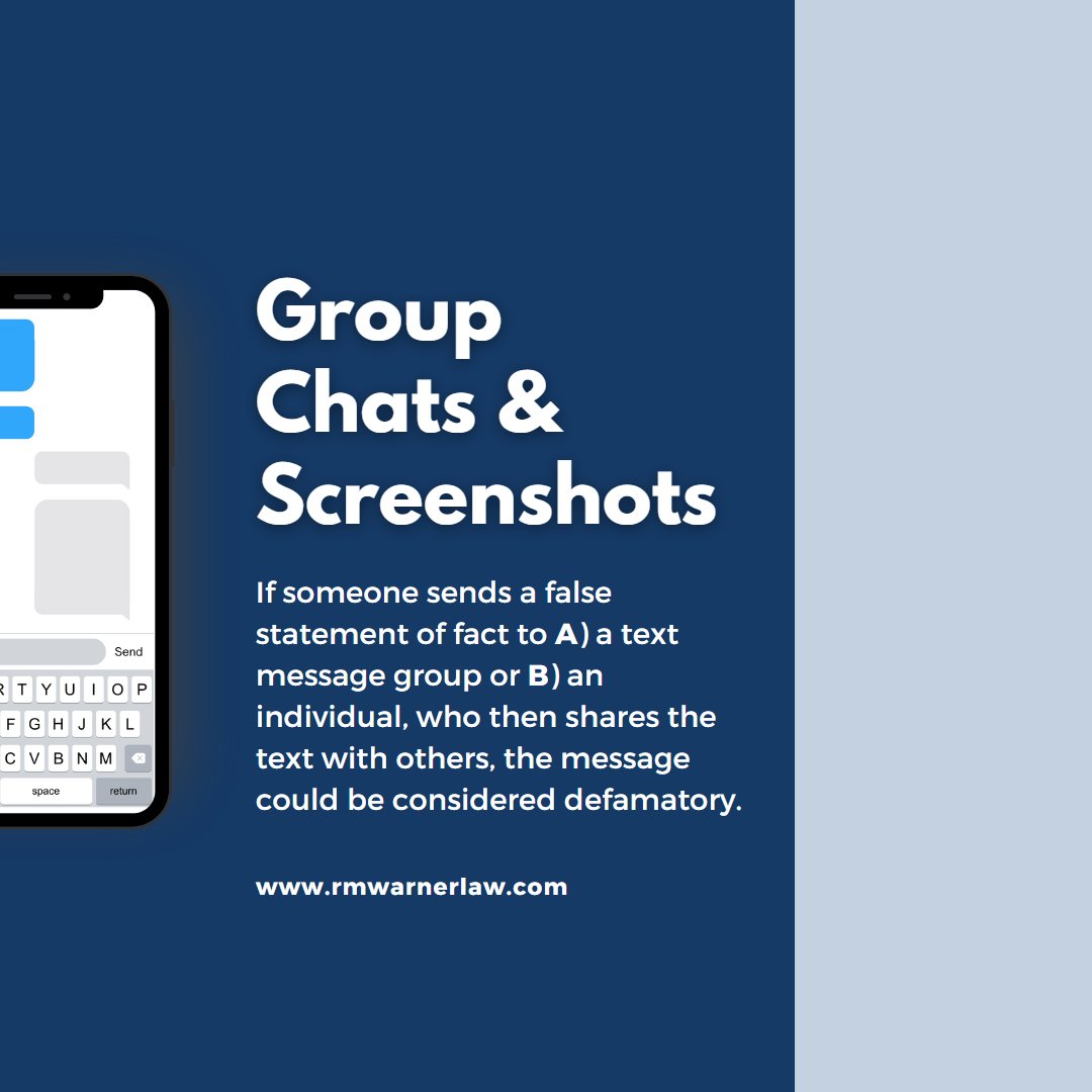 RMWarnerLaw1's tweet image. Can a text message be defamatory? If you've been a follower for awhile now, you probably know the answer, as usual when it comes to #defamation, is... it depends. To determine if you have a viable #defamationclaim, consult with a #defamationlawyer by clicking the link in our bio!