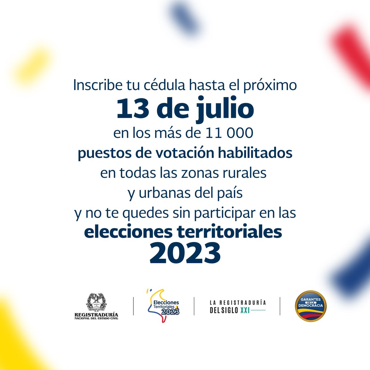 Registraduria's tweet image. Hemos habilitado más de 11 000 puestos de votación en todo el país y estarán disponibles hasta el próximo 13 de julio, de 9:00 a. m. a 5:00 p. m. 

Conoce el listado de los puestos ingresando a ➡️ onx.la/3024f

Somos #GarantesDeLaDemocracia 🗳️ 

#ElPoderDelVoto