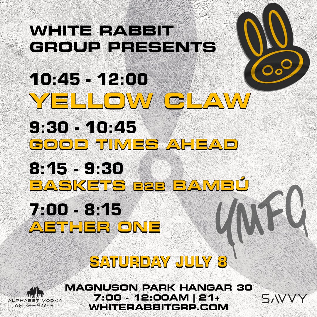 WhiteRabbitGrp's tweet photo. ๐ฅ @yellowclaw hits Hangar 30 TONIGHT, and your set times are here! See you soon with them, @goodtimesahead, @wearebaskets, @Bambu_bass, and #AetherOne!
๐ซ Tickets are OVER 85% SOLD OUT! Get yours while you still can, available at https://t.co/txi2kE7PsO https://t.co/n8Am05VMbY