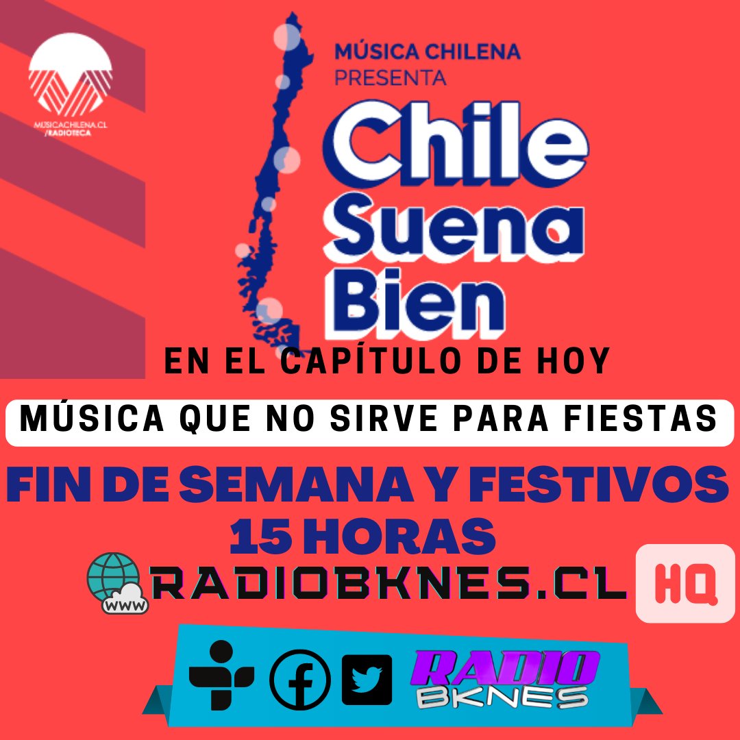 radiobknes's tweet photo. Desde las 15 HRS Comienza la temporada 2 con el espacio de la música chilena,  Chile Suena Bien desde la SCD. 
En este capítulo "Música que no sirve para fiestas".  Escúchanos desde tus dispositivos ingresando a nuestra web https://t.co/I9zIpcRJCZ https://t.co/Gk5s1Of3yu