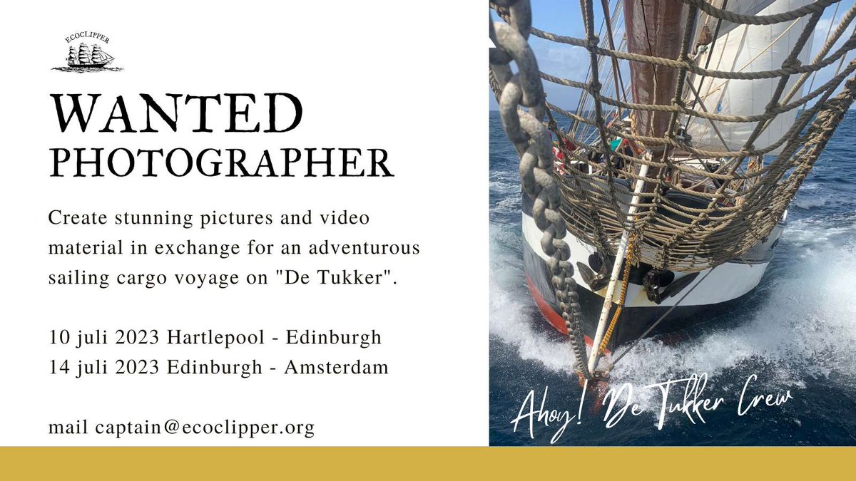 📸 Amazing chance for a content creator! Join sailing cargo vessel De Tukker for a voyage from Hartlepool to Edinburgh on July 9th or Edinburgh to Amsterdam on July 14th. Capture stunning visuals in exchange for the adventure. Don't miss out! 🌊⛵️