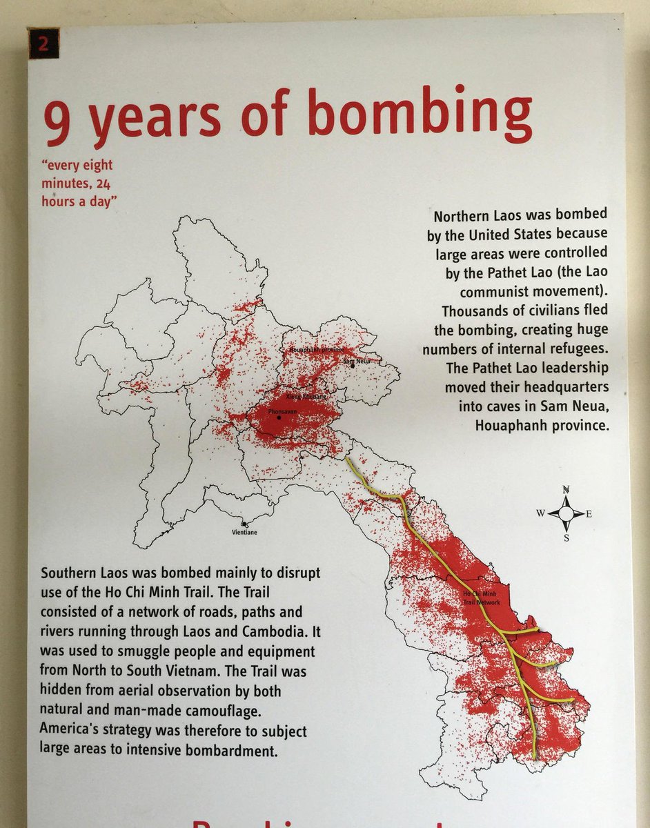 The US dropped 270 million cluster bombs on Laos. 'Every eight minutes, 24 hours a day, for nine years from 1964 until 1973, a planeload of cluster bombs was dropped on Laos by American B-52s.' 50 years later, civilians (and children) are still being blown up by the bombs.