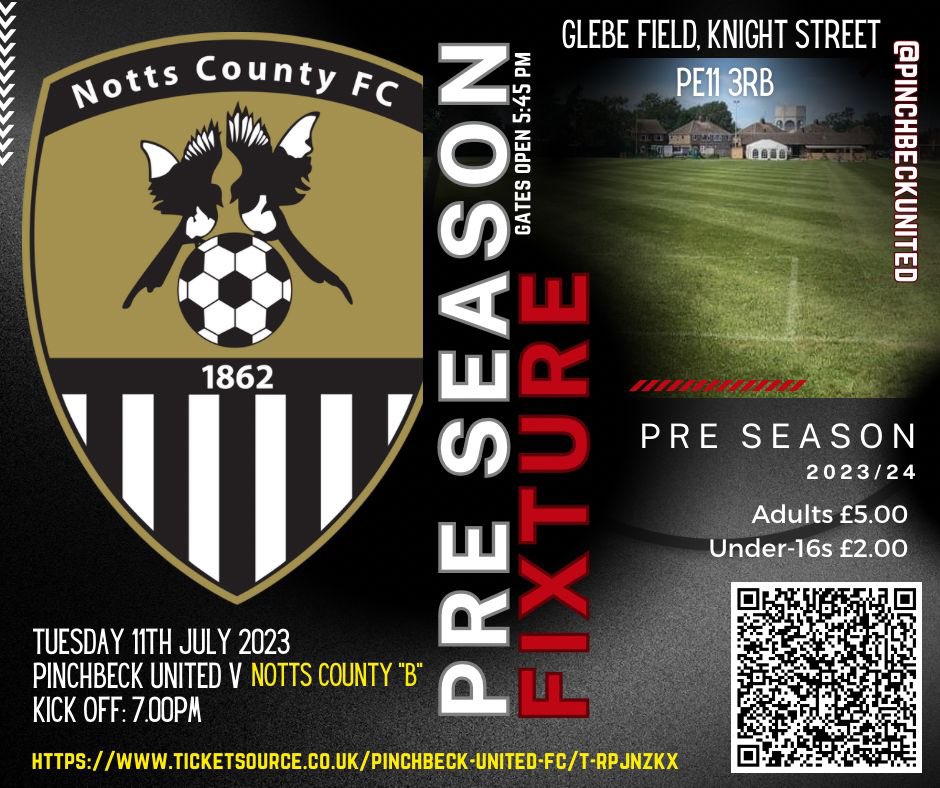 🔴 Next up! Pre Season Friendly ⚫️

Notts County visit the Glebe Field on Tuesday! 7pm kick off! Please come and support the Knights !

Advanced admission link below! Pay on the gate also on the night, stay tuned for entry information

ticketsource.co.uk/pinchbeck-unit…
