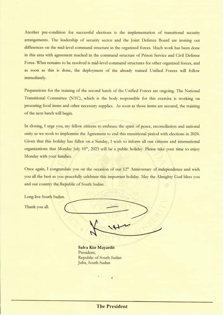 SouthSudanGov's tweet photo. President Salva Kiir's Remarks on the Occasion of South Sudan's 12th Anniversary of Independence, Celebrated Annually on 9th July.

Happy Independence Day to all the People of South Sudan🇸🇸. https://t.co/WvmrO6R1t8