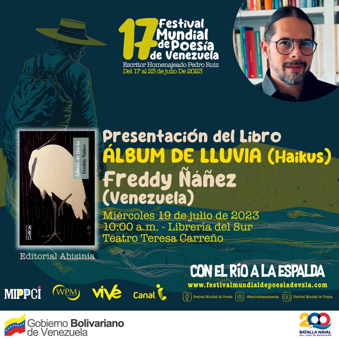No te puedes perder el 17° Festival Mundial de la Poesía 2023, donde será presentado el 🗓 19Jul, ⌚10:00 am, 📙 el Libro "Album de Lluvia" (Haikus) del ministro <a href="/luchaalmada/">Alfred Nazareth</a> en La Librería del Sur- Teatro Teresa Carreño.

<a href="/DayraMRivasR/">Dayra Manuela Rivas</a>

#8Jul
#AmarEsPoesía ♥️
#GeneraciónTricolor