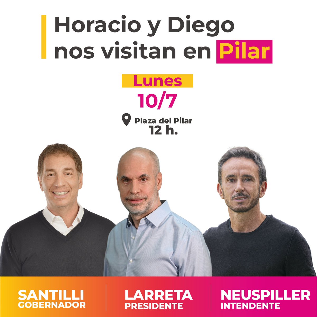 sebasneuspiller's tweet image. El lunes vienen a Pilar @horaciorlarreta y @diegosantilli para seguir charlando con los vecinos sobre las transformaciones que la Provincia y el país necesita. 

Con pasión y juntos, #HagamosElCambioDeNuestrasVidas.
 
#QueremosLoMismo
#PasiónxPilar