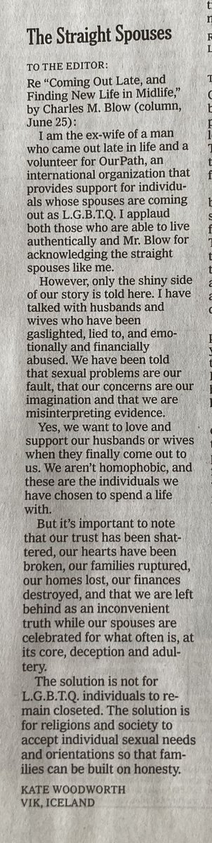 OurPathOrg's tweet image. One of our volunteers had her Letter to the Editor published in the @nytimes. The Letter was in response to an opinion piece called: Coming Out Late - and Finding a New Life at Midlife.

nytimes.com/2023/06/24/opi…