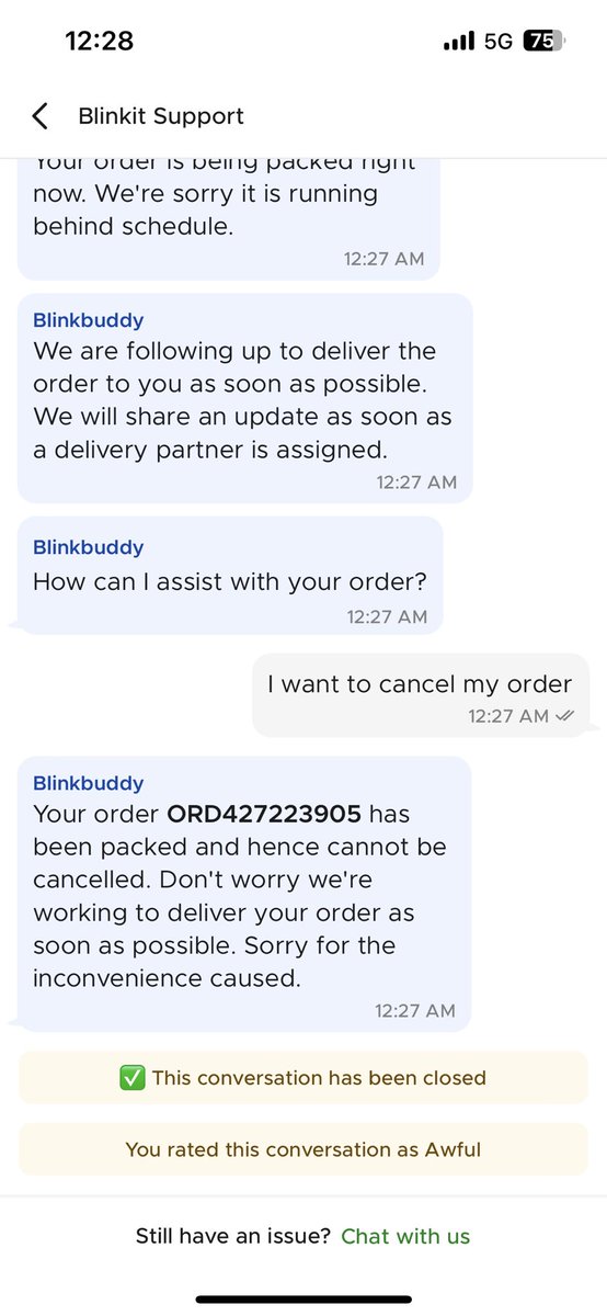 jaykothadia28's tweet photo. @blinkitcares @letsblinkit What is this?!!! I placed my order, the order got packed, but just after that, the store closes and no delivery partner is being assigned. The order is neither getting delivered, nor cancelled. https://t.co/Xtu4weYsjP