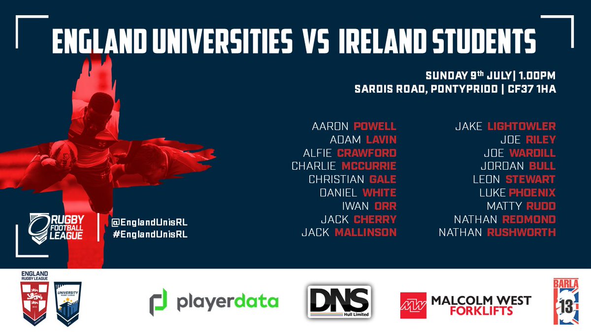 2023 Four Nations - Game 1 🏴󠁧󠁢󠁥󠁮󠁧󠁿🆚☘️

Head Coach Kevin Deighton has named an 18 man squad to face @IrelandRL in tomorrow's opening <a href="/UniversityRL/">University RL</a> Four Nations!

👏Congratulations to everyone selected!  

#EnglandUnisRL