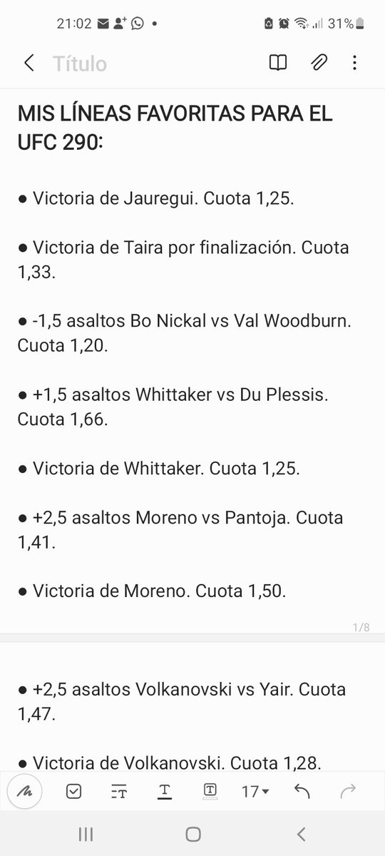VAMOS ALLÁ!

Llega el momento de compartir con vosotros mis líneas favoritas para este #UFC290 

Dejo unas aclaraciones previas.

En la primera respuesta encontraréis también líneas que considero que tienen un alto valor pero muchísimo más riesgo que las favoritas.