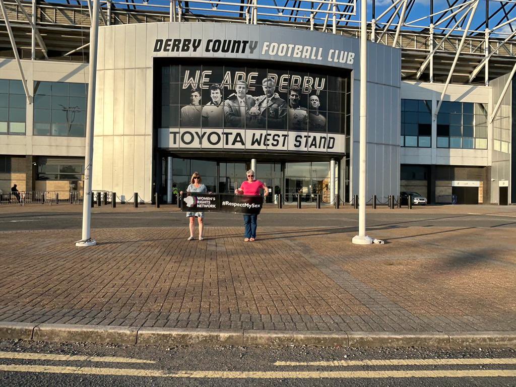 WRNDerbyshire's tweet photo. We want to take pride in the wonderful women of #Derby so where better than Pride Park, the home of Derby FC. 
Just this week, Derby County Women have joined the main club, with the first team as official employees. 
#GlobalWomensDay 
#RespectMySex
#SaveWomensSport https://t.co/JRka10uSQc