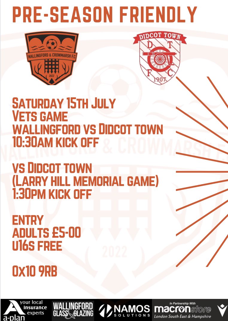 Next Up… We welcome @DidcotTownFC to The A-Plan Insurance Stadium next Saturday for the Larry Hill Memorial Game. The vets will provide the warm up act and a bar will be open inside the ground for thirsty spectators. Come and watch the heroes of yesterday and the stars of today