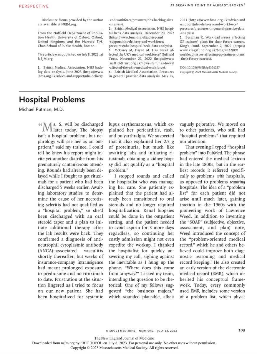 EBRheum's tweet image. Excited to see my perspective piece in @NEJM re:“hospital problems”

Have a read &amp;amp; thanks to all who have shared already! 

nejm.org/doi/full/10.10…