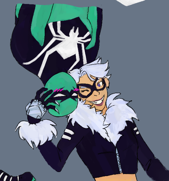 starrjelly's tweet photo. ok its spidersona time. mickey montoya's been the one &amp; only Huntsman for 10 years. that's their girlfriend black cat. &amp; that's his late girlfriend gwen stacy

all of his web accessories are stolen from oscorp, including extra strong webbing they've fashioned into knuckledusters https://t.co/qWlOEZMSHh