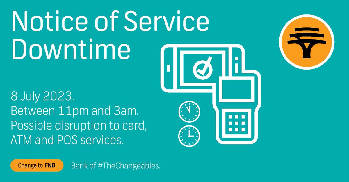 Please be informed that on 8 - 9 July, between 11 pm and 3 am, we will be configuring and installing new routers. During this maintenance window, intermittent disruptions to FNB cards, ATMs, and POS/Speedpoint services may occur. 
We apologise for any inconvenience caused.