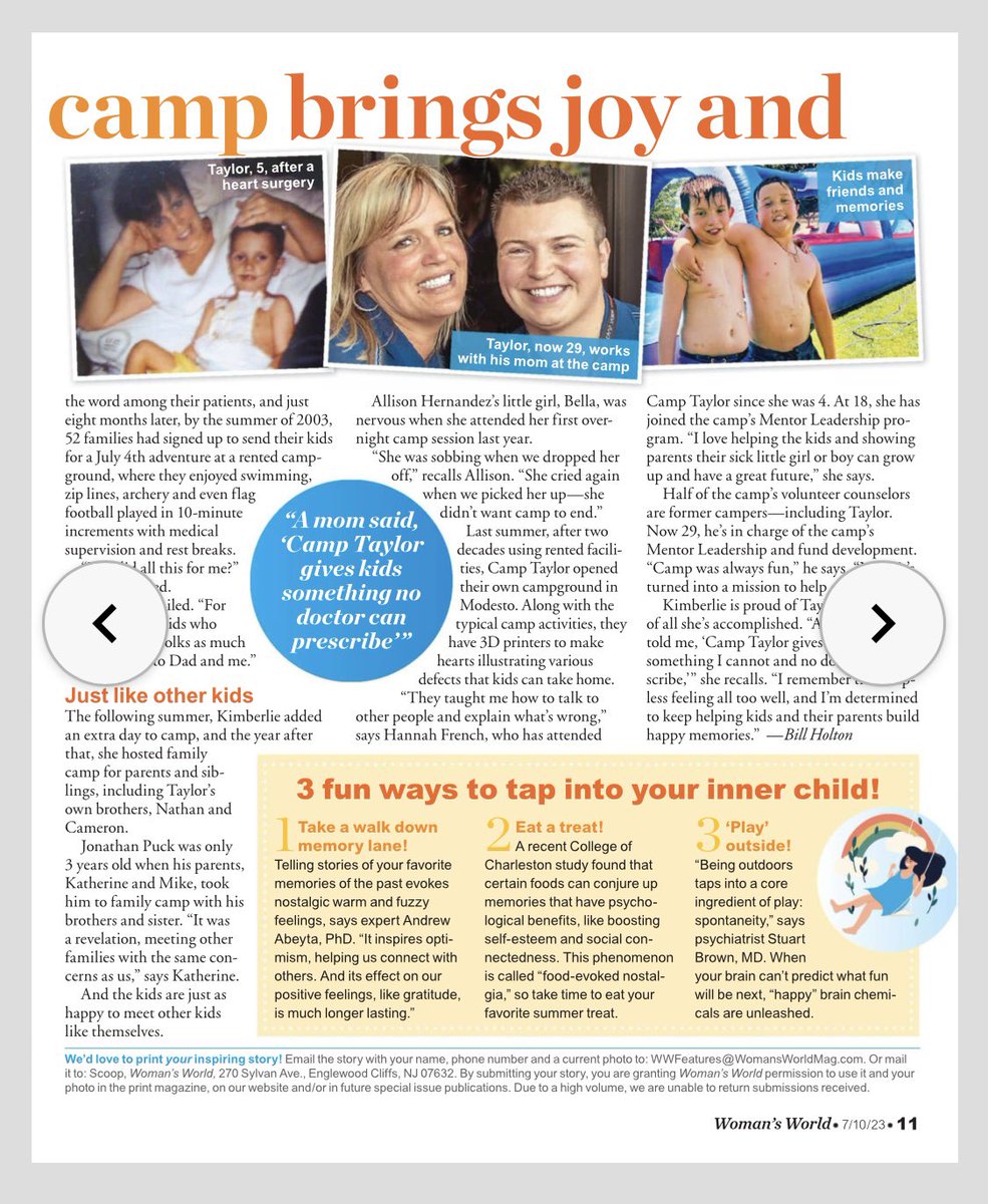 Camp_Taylor's tweet photo. This week’s @WomansWorldUS has a story about #CampTaylor and our work helping children with heart disease. #CHD #AwarenessMatters https://t.co/TzglH0uBcC