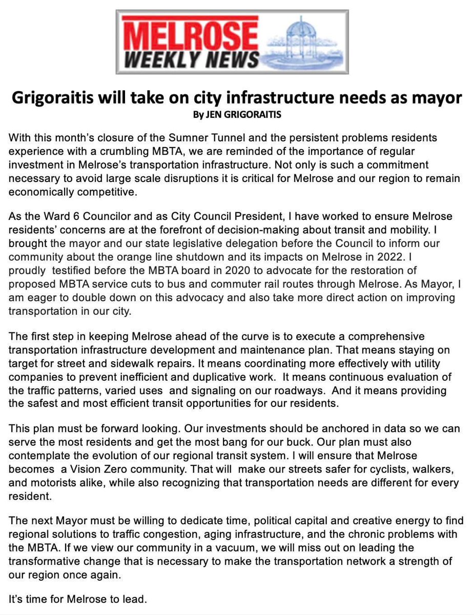 I hope you'll take a moment to read my piece in this week's Melrose Weekly about transportation.

As the Ward 6 Councilor &amp; City Council President, I have worked to ensure Melrose residents’ concerns are at the forefront of decision-making about transit and mobility.