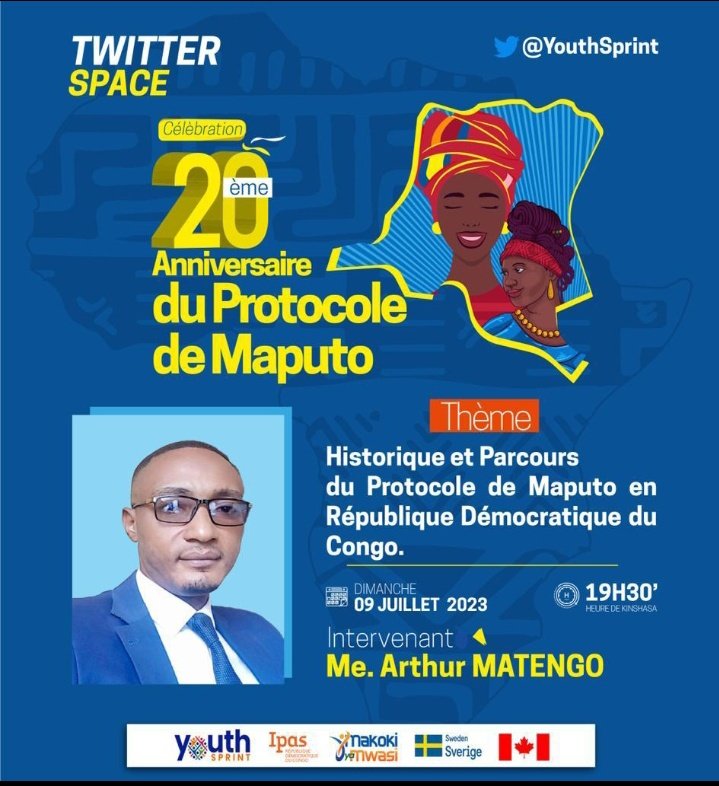 GloriaMwepu's tweet photo. Au cours du #TweeterSpace en marge de la célébration de #20ansDuProtocoleDeMaputo, Me Arthur #Matengo, expert formateur sur les droits de la femme et du genre va intervenir sur l’historique et le parcours du Protocole de Maputo en RDC.
#ProtocoleMaputo20ans
@MakokiYaMwasi https://t.co/ZnCPbbpnBZ