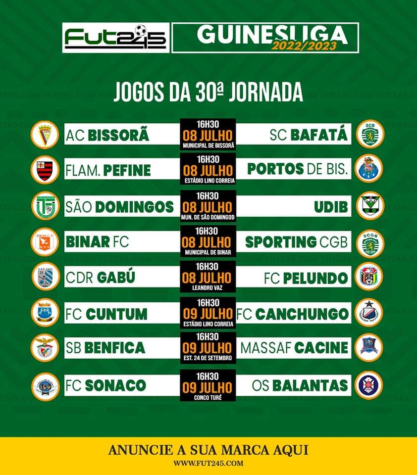 245Fut's tweet photo. 🏆 GUINES-LIGA 🇬🇼 2022/2023
➡️ JOGOS DA JORNADA 30

#GUINESLIGA2022_2023 #FUT245 #CAMPEONATONACIONALGB https://t.co/iwg5ZYq5wB