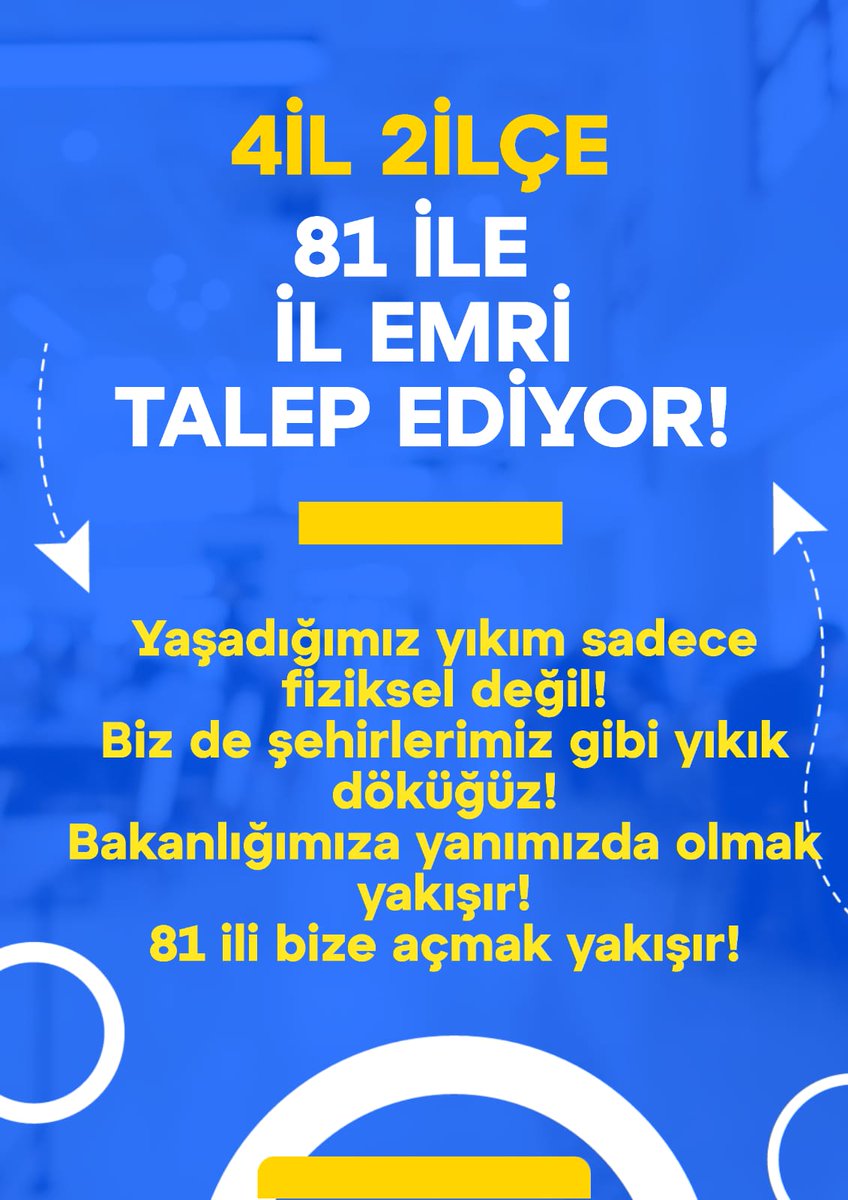 <a href="/volkanhocasb/">Volkan Hoca Sb</a> <a href="/TalipGeylan06/">Talip Geylan</a> @kademozbay <a href="/nejlakurul/">Nejla Kurul</a> <a href="/_aliyalcin_/">Ali YALÇIN</a> MebDepremeİlEmriVer
Depremin sebep olduğu şartları yaşayan 4 il ve 2 ilçede görevli öğretmenlere daha fazla “şart” sorulmaz. İL EMRİ  HAKKIMIZ...
<a href="/Yusuf__Tekin/">Yusuf Tekin</a> 
<a href="/tcmeb/">Millî Eğitim Bakanlığı</a>
<a href="/mebpgm/">Personel Genel Müdürlüğü</a>
<a href="/EgitimBirSen/">Eğitim-Bir-Sen</a>
<a href="/turkegitimsen/">Türk Eğitim Sen</a>
<a href="/egitimis/">Eğitim-İş</a>
<a href="/egitimgucusen/">EĞİTİM GÜCÜ SEN</a>
<a href="/oguzozat/">Oğuz ÖZAT</a>