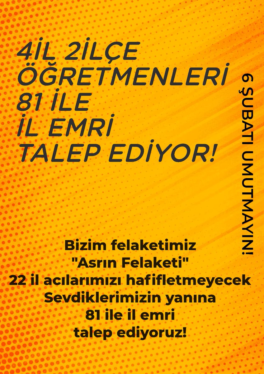 MebDepremeİlEmriVer
Sayın Bakanım, öğretmen atama ve yer değiştirme yönetmeliği 51/4 maddesini uygulamanızi, depremzede öğretmenlere il emri verip, mağduriyetleri çözmenizi istiyoruz.  Saygıyla arz ederiz. <a href="/Yusuf__Tekin/">Yusuf Tekin</a> <a href="/tcmeb/">Millî Eğitim Bakanlığı</a> <a href="/mebpgm/">Personel Genel Müdürlüğü</a>