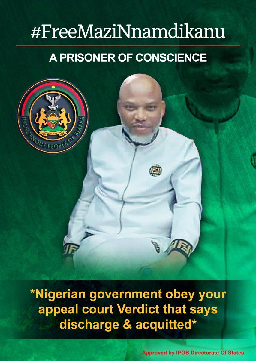 HBiafraland's tweet photo. In the fight for #FreeNnamdikanu as ordered by appeal court, Ipob have never engage in any form of criminality and will not allow any group or people to use the name of Nnamdikanu for criminality. Join me live Sun 9/7/2023 on FB of (Fearless Ipobevangelist page) 8am, @EU #FreeMNK https://t.co/45HQjmvtof
