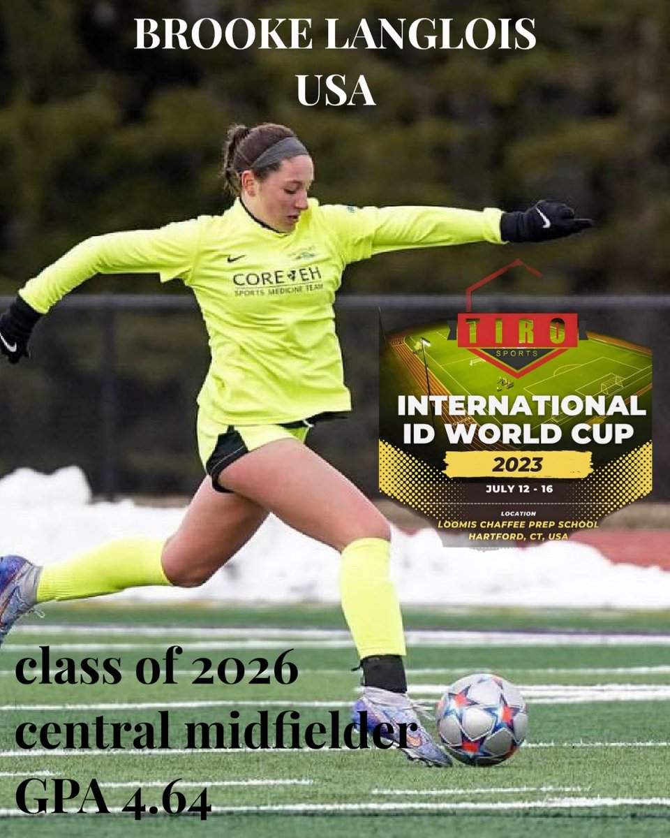 Come see me play at the TIRO International ID World cup! 
July 12-16
I'm so excited to a part of this event and I can't wait for it to start!
<a href="/ImYouthSoccer/">ECNL/GA/Recruiting/College Soccer</a> <a href="/ImCollegeSoccer/">College Soccer Truth ™</a> <a href="/ncsa/">NCSA College Recruiting</a> @SoccerMomInt <a href="/TiroSports/">Tiro Sports</a> <a href="/TopPreps/">TOP PREPS - Free Sports News, Videos & Information</a> <a href="/NESoccerJournal/">New England Soccer Journal</a> <a href="/MaxPreps/">MaxPreps</a> <a href="/TheSoccerWire/">SoccerWire</a>