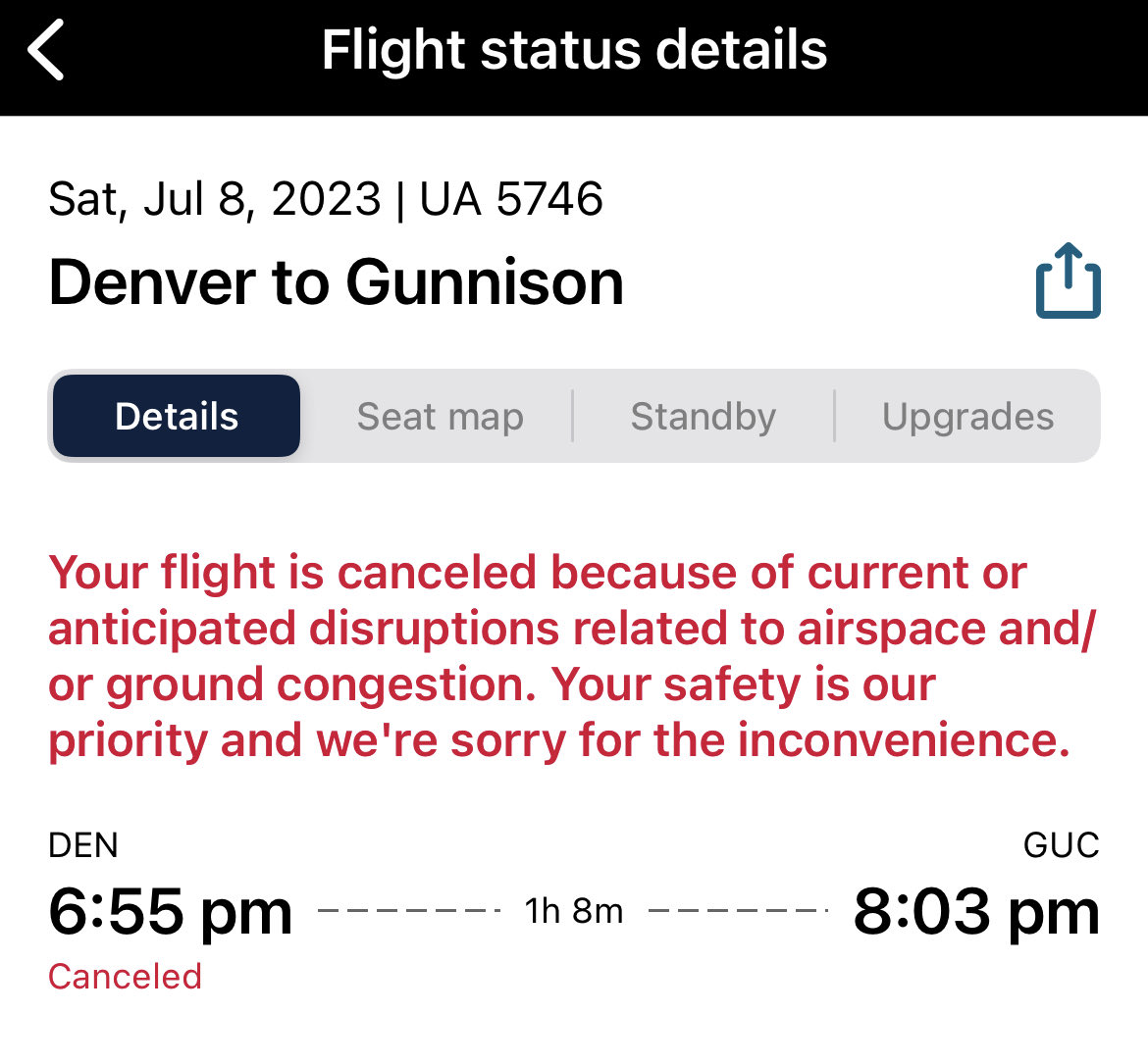 GUC_Airport's tweet image. We have just been advised that @united flight 5746, @DENAirport to Gunnison, has been canceled tonight.  This may effect flight 5602 to Denver tomorrow morning. Please contact airline for more info / rebooking. #flightupdates