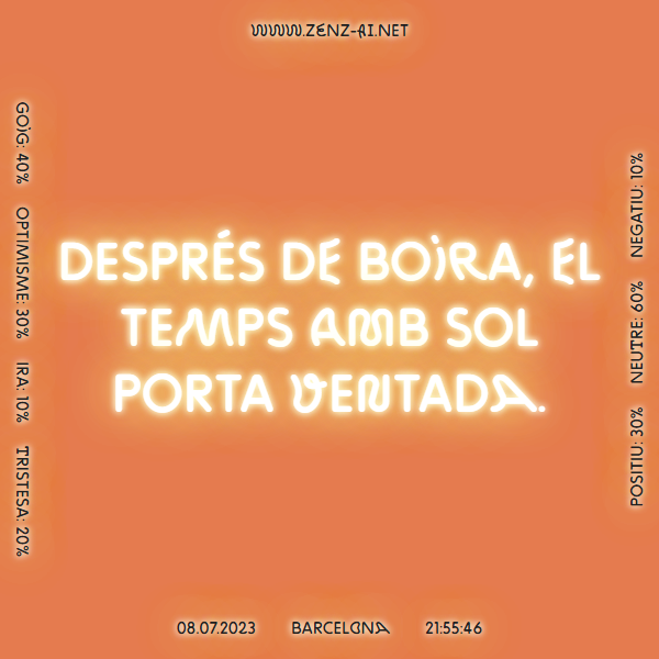 zenz_ai's tweet photo. Després de boira, el temps amb sol porta ventada. #Barcelona 08.07.2023, 21:55:47.  
 
 Més informació 👉 https://t.co/VSooGDpHKK 
 
#RefranysDelTemps #Refranys #IntelligenciaArtifical #IA #Temps #LaCapellaBCN #BCNProducció #AI #ArtificialIntelligence #ContemporaryArt https://t.co/qI1QCYLgUx