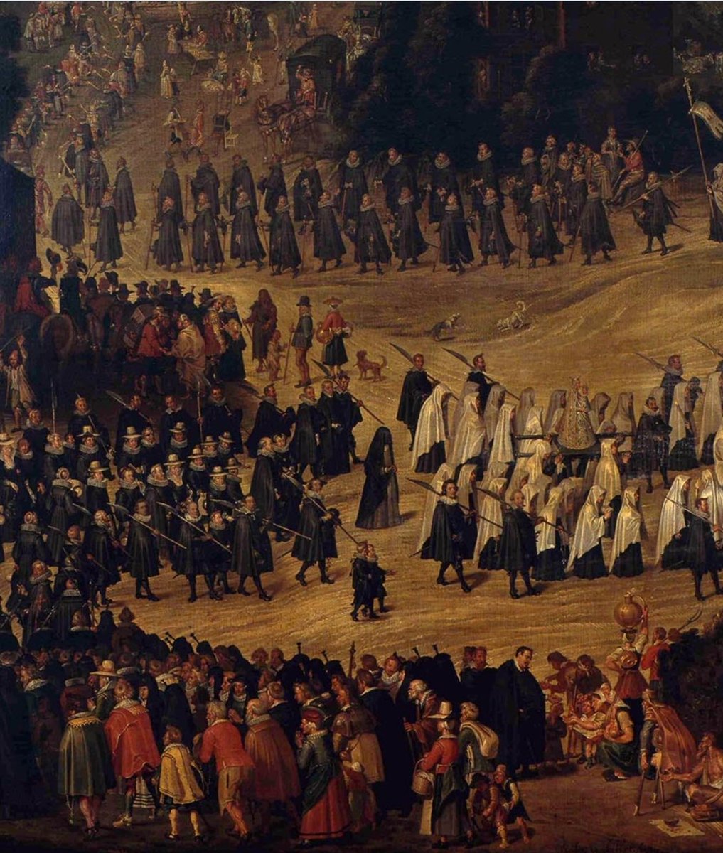 Fascinating painting: the procession of Our Lady of Laeken, the person in black robes in the middle is Isabella, Regent of the Habsburg Netherlands. 1622, by Nicholas Vander Horst. Broodhuis, Brussels.