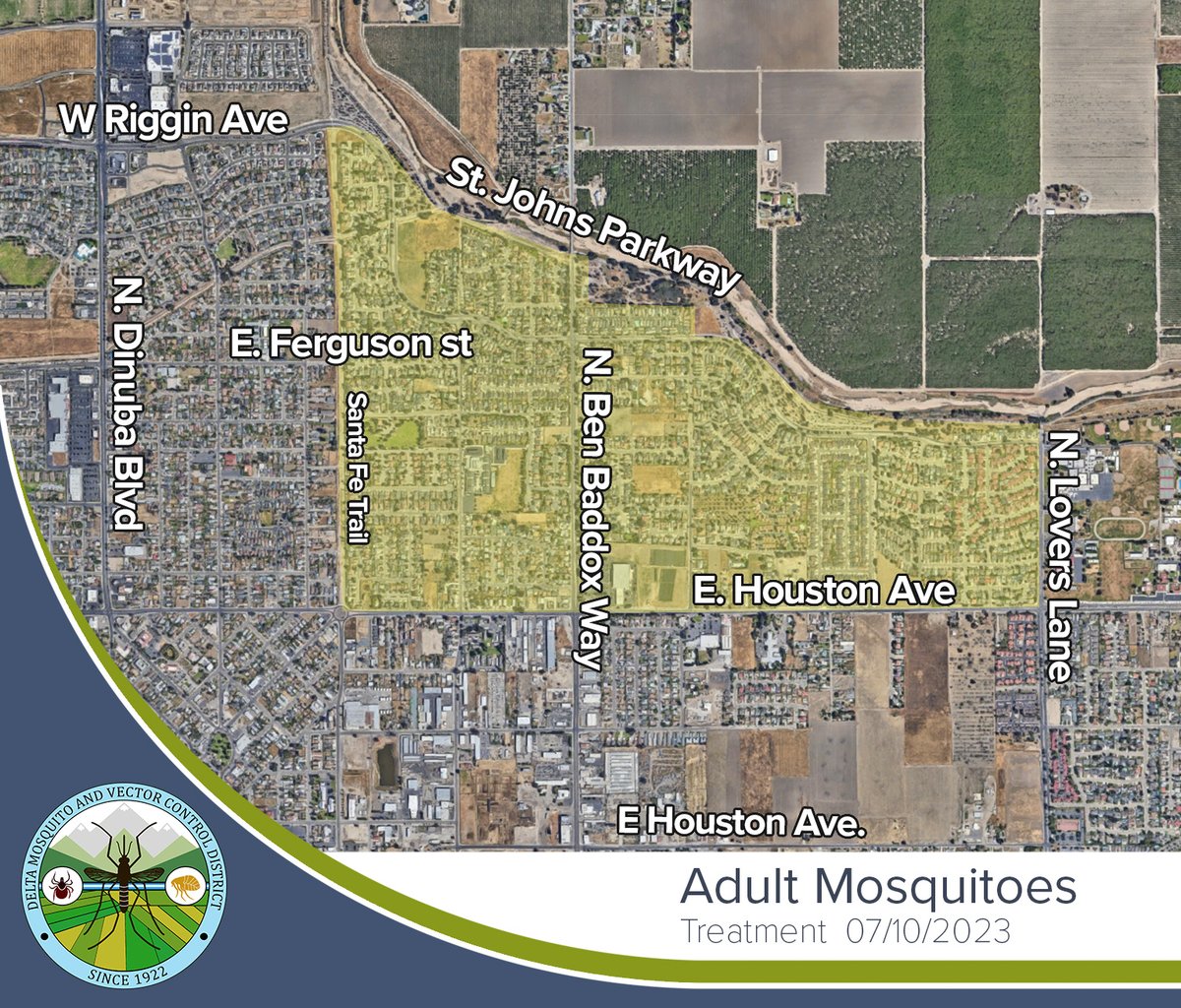 Due to high abundance of mosquitoes, &amp; WNV presence in mosquito samples, Delta Mosquito &amp; Vector Control District will continue treating adult mosquitoes by truck mounted ultra-low volume (ULV) application in Visalia between the hours of 2am and 5am on Monday, July 10, '23.