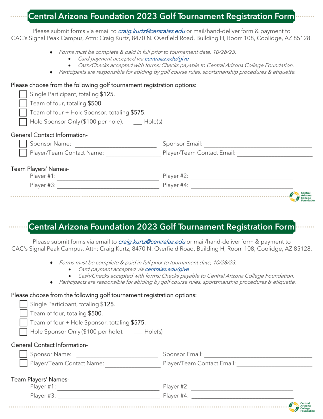 EventsCac's tweet photo. Central Arizona College Foundation Golf Tournament 2023 Coming October 28th at Mission Royale Golf Club in Casa Grande. 🏌️‍♂️
Proceeds benefit the CAC Track &amp; Field teams and the George Young Memorial Scholarship. 
Submit completed registration form to craig.kurtz@centralaz. https://t.co/FFf0Hrxf7N