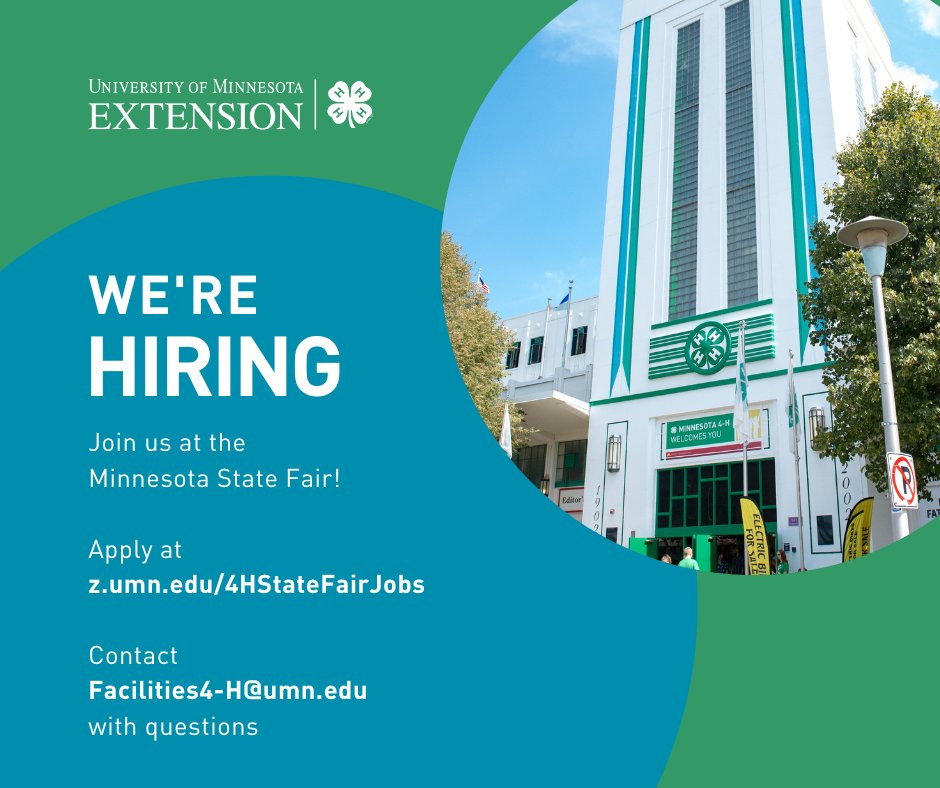 Sherburne4H's tweet photo. We are still in need of staff to work for 4-H at the Minnesota State Fair. Everything from food service to hands-on project learning workers to exhibits staff to dorm staff! Staff get paid, can stay in the dorms, get into the fair every day and get 4-H meals. https://t.co/88GwWYo6hr