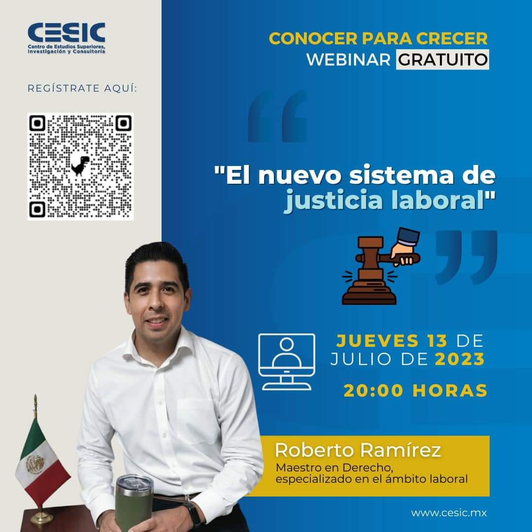 cesic_mx's tweet photo. ¡🚨 #WEBINAR gratis🚨!

📆 Jueves 13 de julio. "El nuevo sistema de justicia laboral".

🕔 8:00pm

✅ Evento #virtual y #gratis.

📌 Asegura tu lugar y regístrate dando click en el siguiente enlace 👇:
📝 https://t.co/CF69BbiEvK

¡Te esperamos!

#SomosCESIC https://t.co/Y1oV7m7OoH