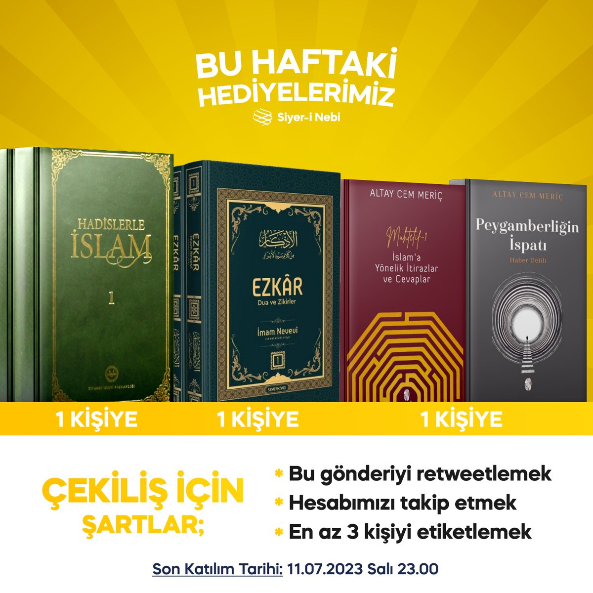 Bir kardeşimize 7 ciltlik Hadislerle İslam adlı eseri, 
bir kardeşimize iki ciltlik el-Ezkâr adlı eseri, 
bir kardeşimize ise Altay Cem Meriç'in İslama Yönelik İtirazlar ve Cevaplar ile Peygamberliğin İspatı adlı eserlerini hediye ediyoruz.