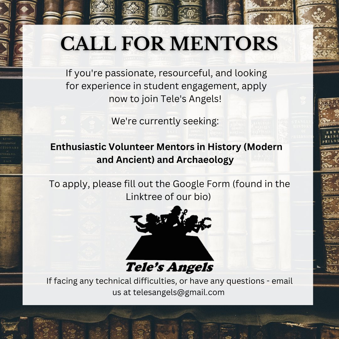 TelesAngels's tweet photo. Are you passionate about student engagement in History and Archaeology? Looking for a valuable volunteering experience? Join the Tele's Angels volunteer mentoring team! Fill out the Google form in our Linktree (found in our bio). 
@mq_dha https://t.co/rPn2U7M0lH
