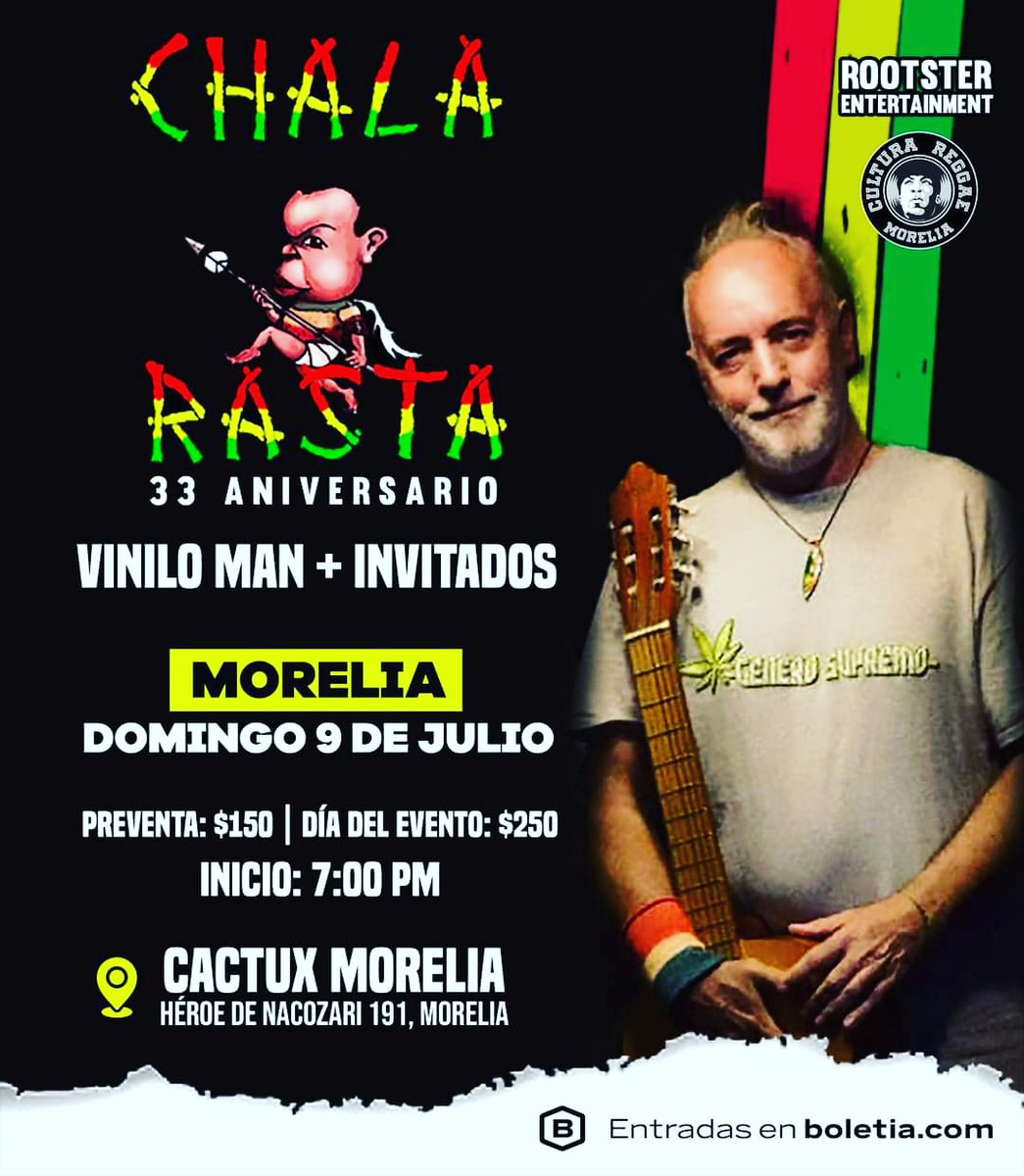 Gira por México y Centroamérica
📅 Domingo 9 de julio
📌 Cactux Morelia
📍Morelia 🇲🇽
Entradas en venta en boletia.com
#Reggae
#Gira
#ChalaRasta 
#Mexico